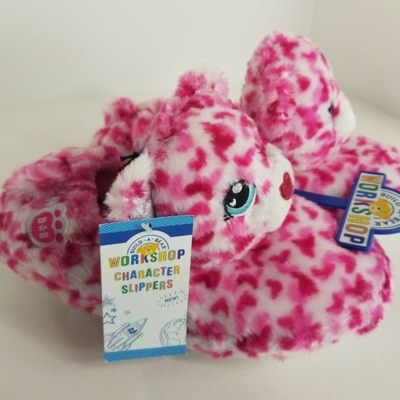 Build A Bear Workshop Kids Slippers Tiny Hearts Bea Plush Pink Sz XL 3/4 BAB New - Picture 3 of 12